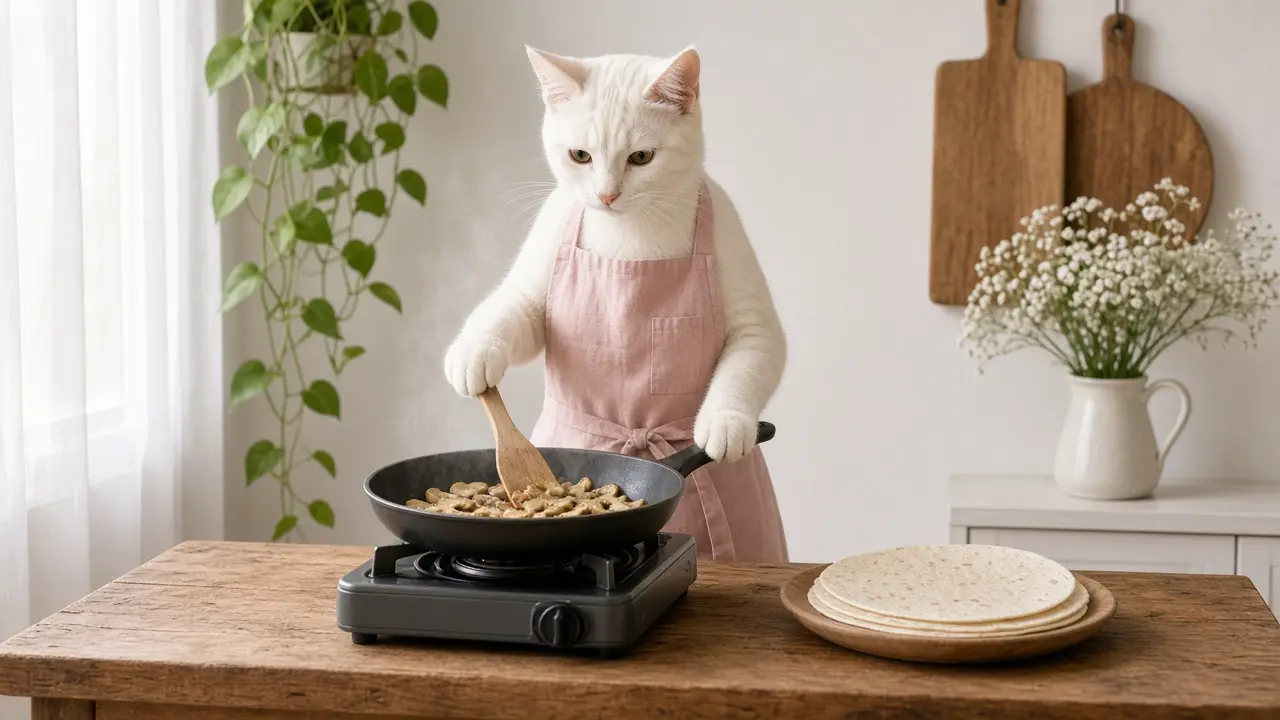 A cream-coloured cat in a pink apron, cooking this dish
