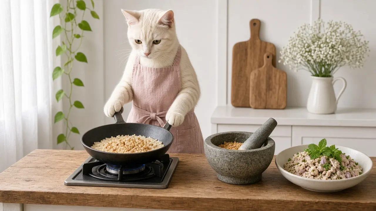 A cream-coloured cat in a pink apron, cooking this dish