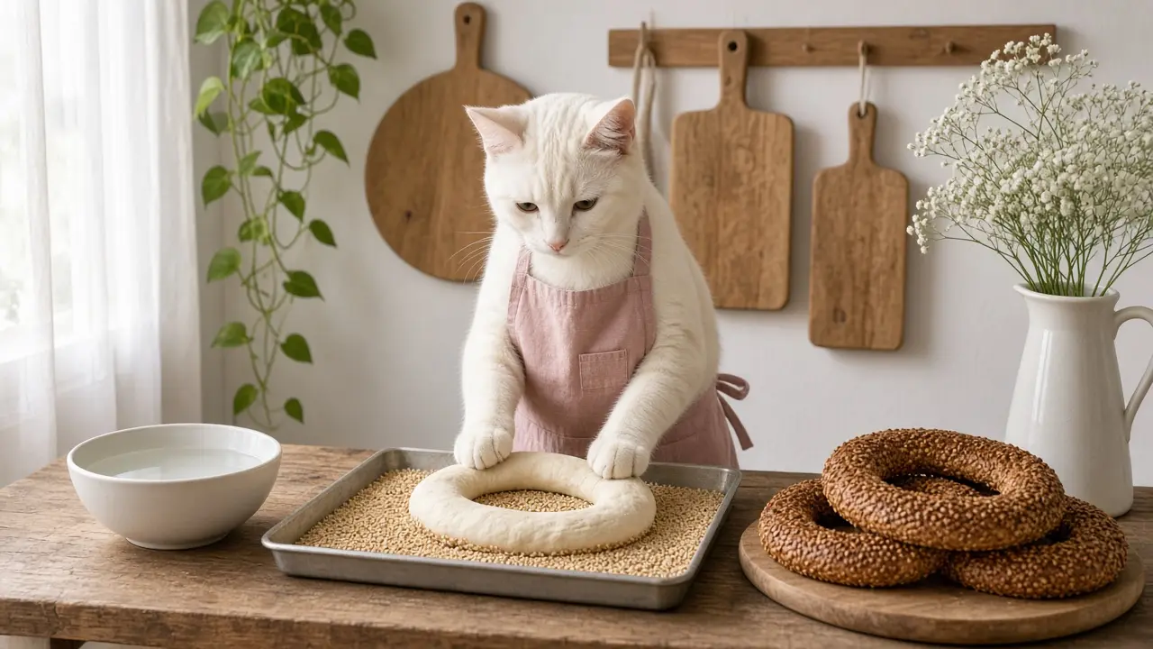 A cream-coloured cat in a pink apron, cooking this dish