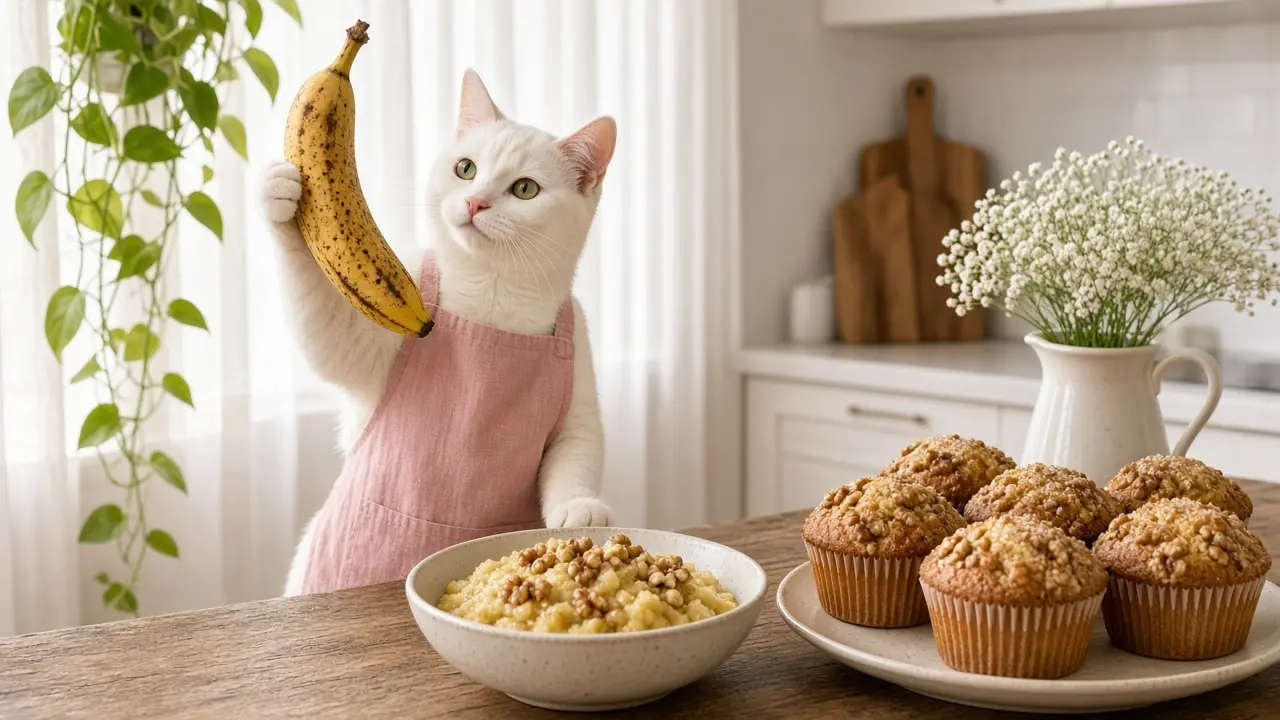 A cream-coloured cat in a pink apron, cooking this dish