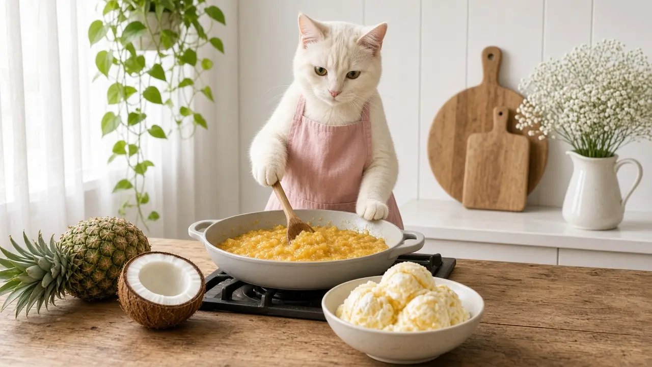 A cream-coloured cat in a pink apron, cooking this dish