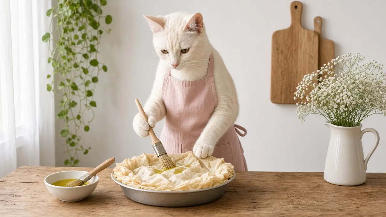 A cream-coloured cat in a pink apron, cooking this dish