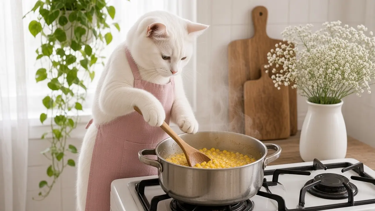 A cream-coloured cat in a pink apron, cooking this dish
