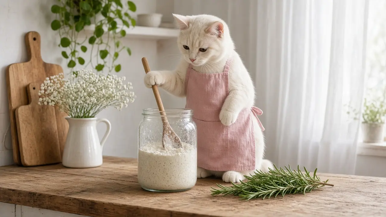 A cream-coloured cat in a pink apron, cooking this dish
