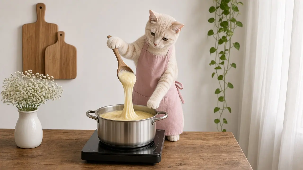 A cream-coloured cat in a pink apron, cooking this dish