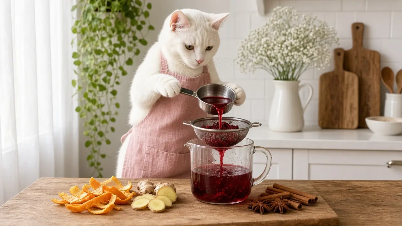 A cream-coloured cat in a pink apron, cooking this dish