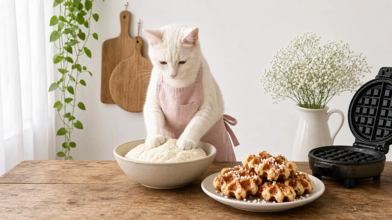 A cream-coloured cat in a pink apron, cooking this dish