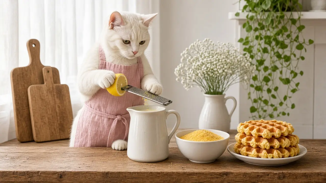 A cream-coloured cat in a pink apron, cooking this dish
