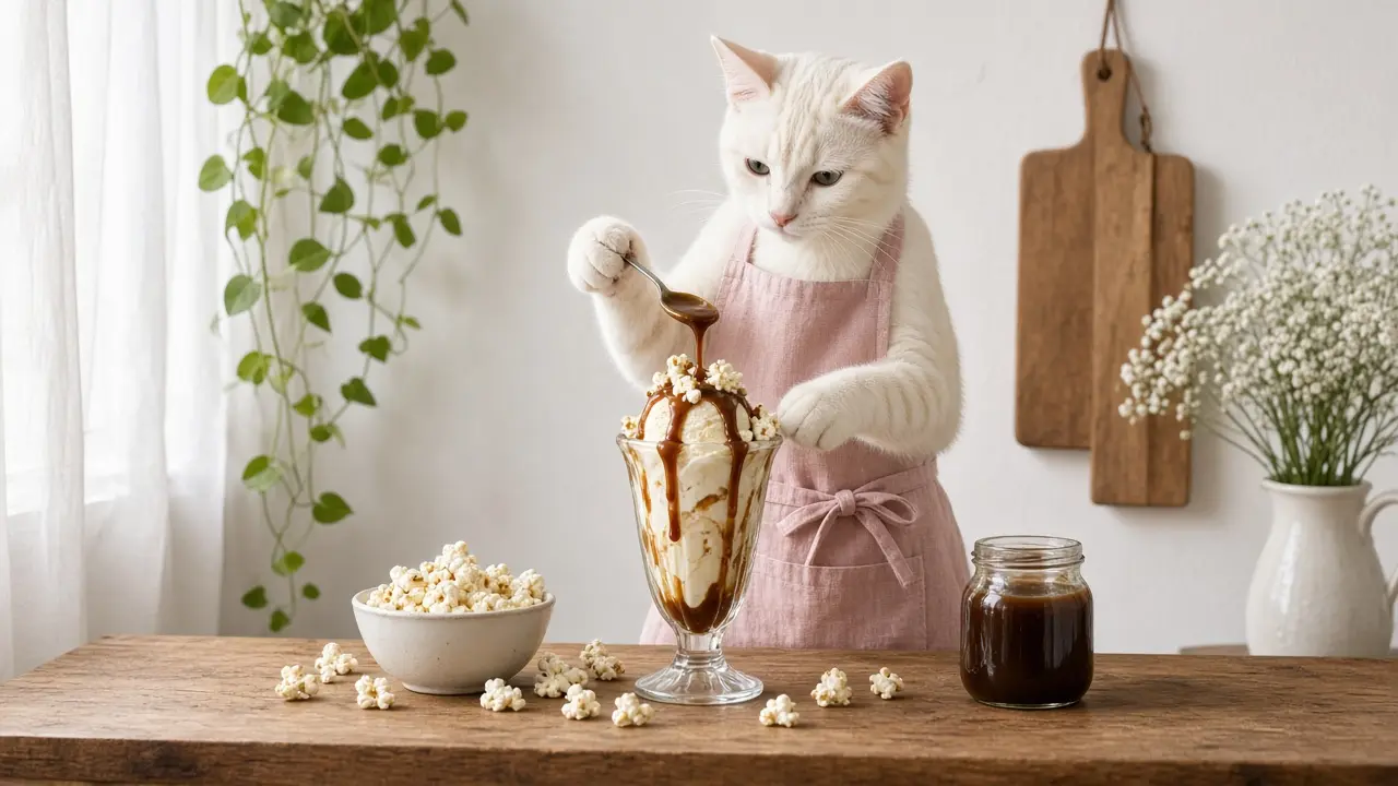 A cream-coloured cat in a pink apron, cooking this dish