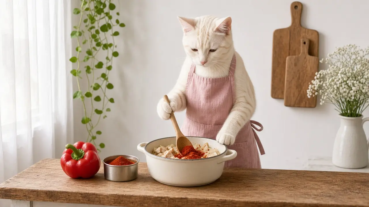 A cream-coloured cat in a pink apron, cooking this dish