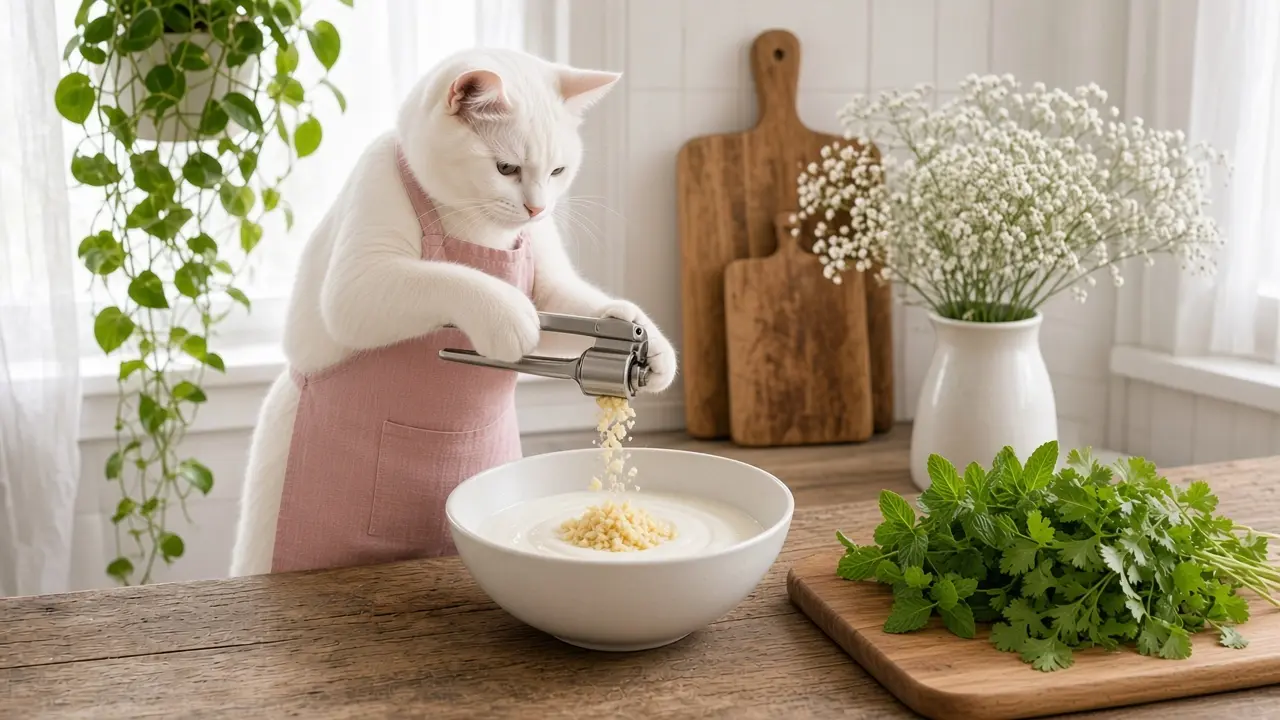 A cream-coloured cat in a pink apron, cooking this dish