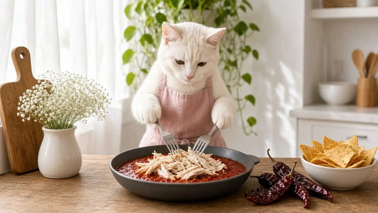A cream-coloured cat in a pink apron, cooking this dish