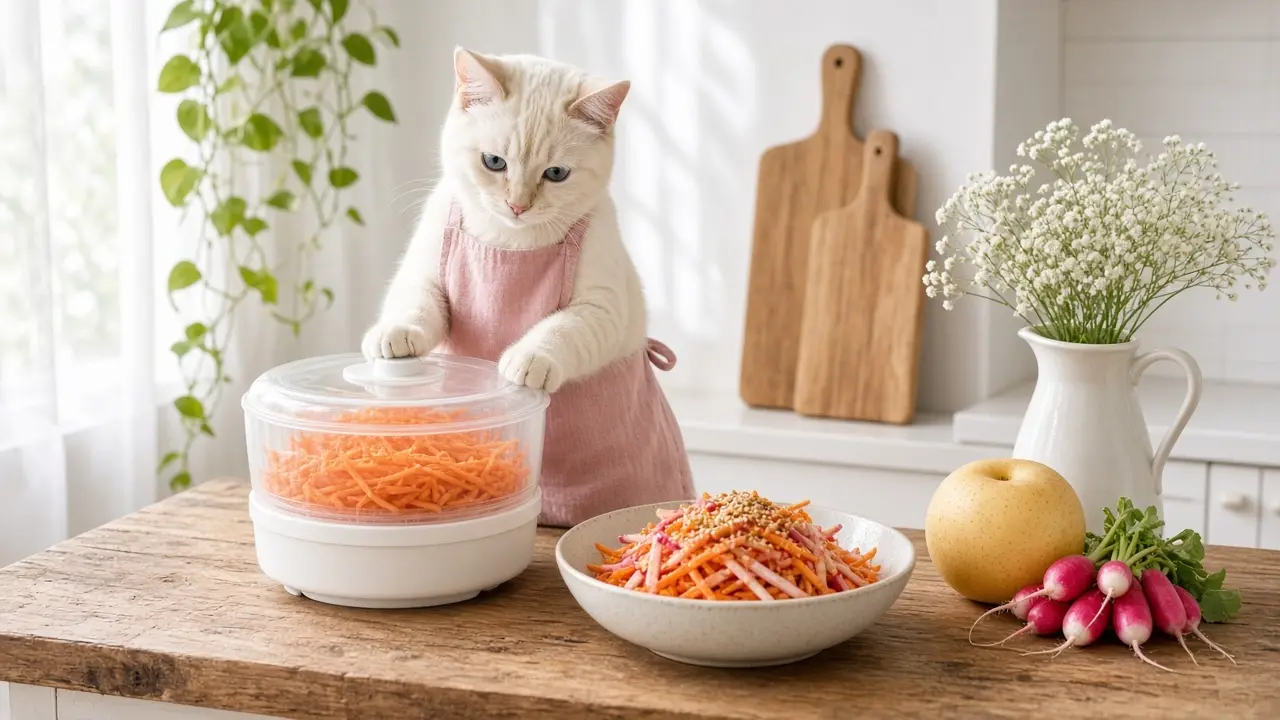 A cream-coloured cat in a pink apron, cooking this dish