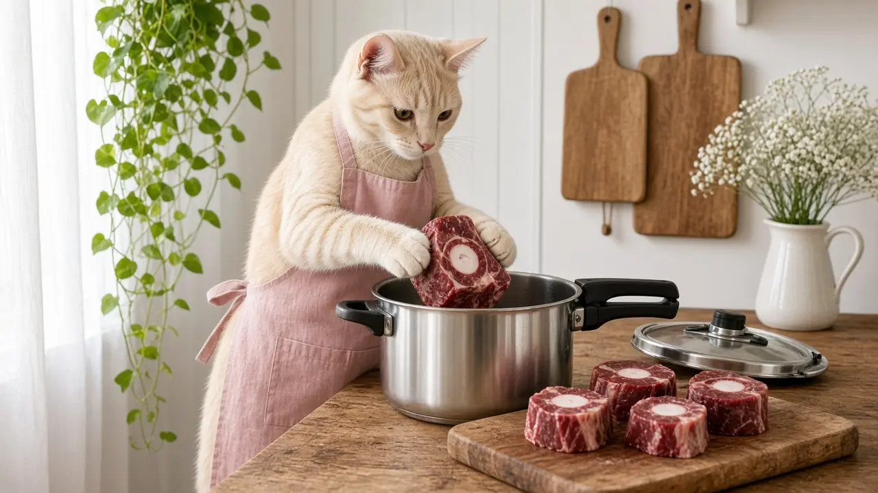 A cream-coloured cat in a pink apron, cooking this dish
