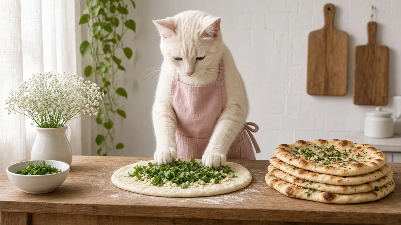 A cream-coloured cat in a pink apron, cooking this dish