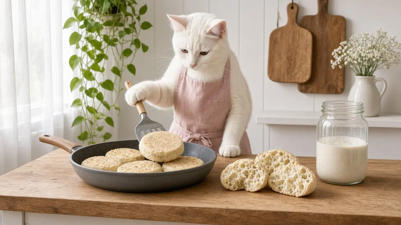 A cream-coloured cat in a pink apron, cooking this dish