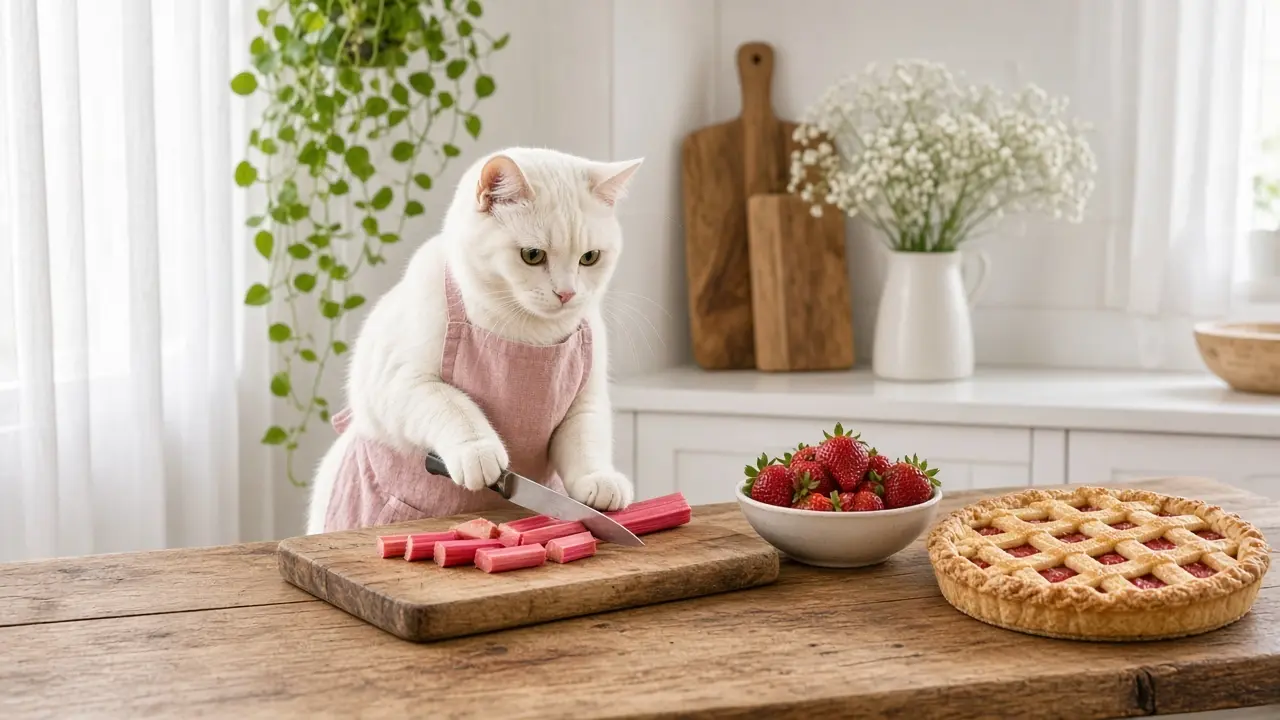 A cream-coloured cat in a pink apron, cooking this dish