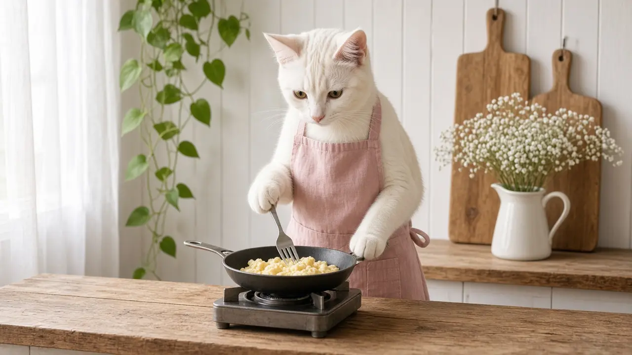A cream-coloured cat in a pink apron, cooking this dish