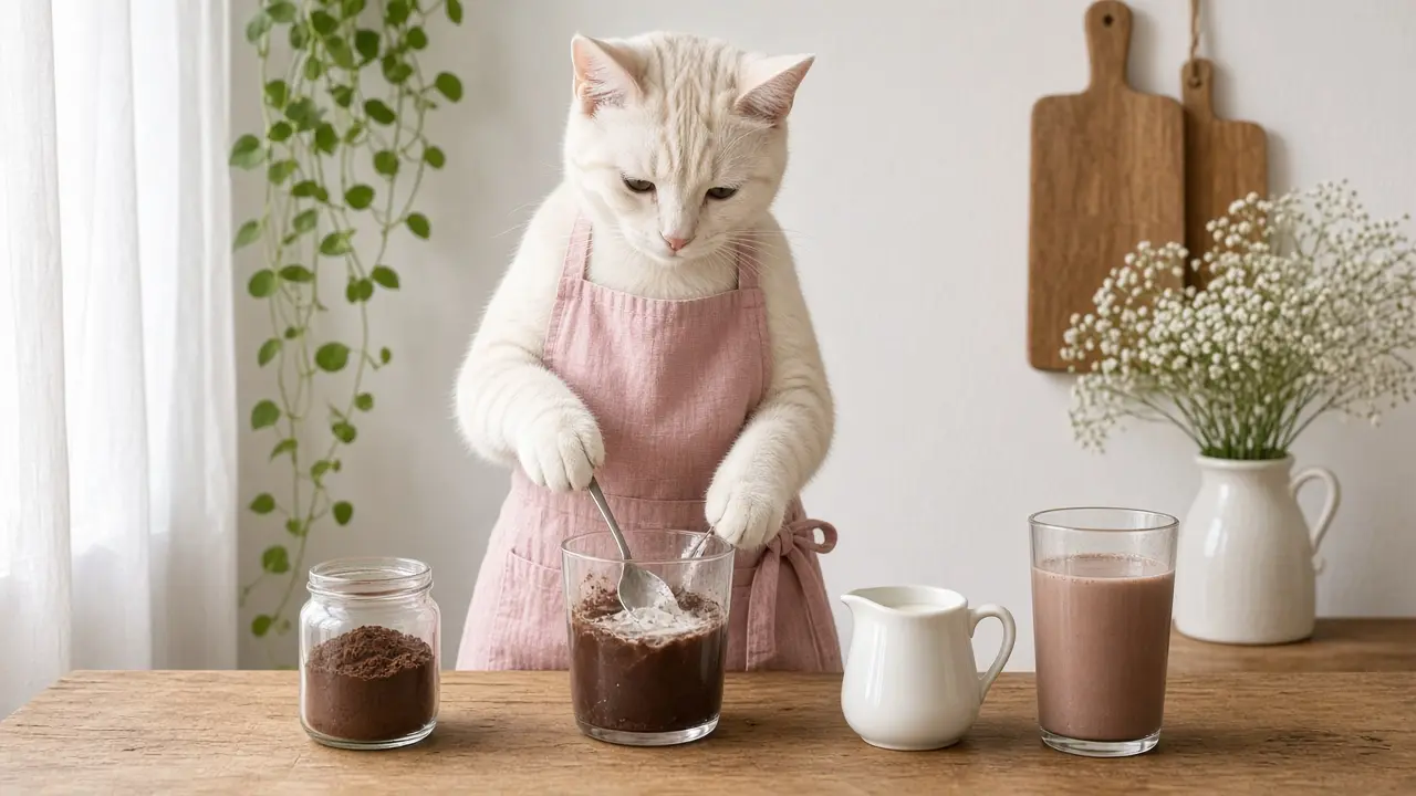 A cream-coloured cat in a pink apron, cooking this dish