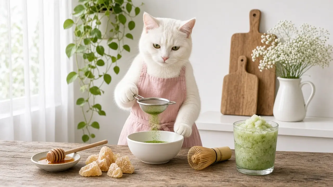 A cream-coloured cat in a pink apron, cooking this dish