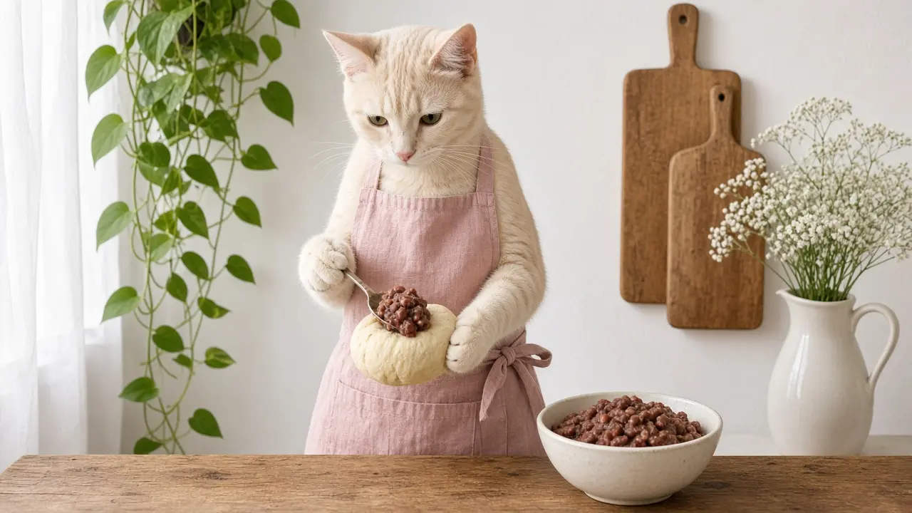 A cream-coloured cat in a pink apron, cooking this dish