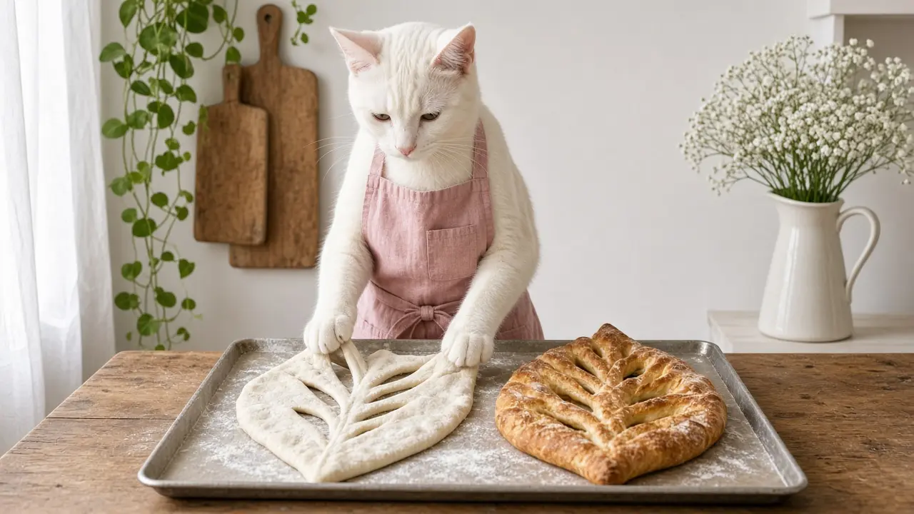 A cream-coloured cat in a pink apron, cooking this dish