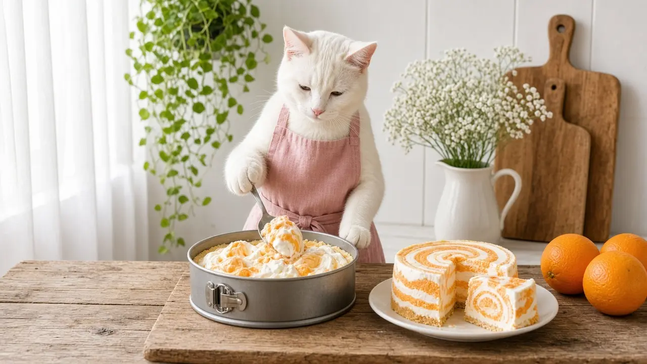 A cream-coloured cat in a pink apron, cooking this dish