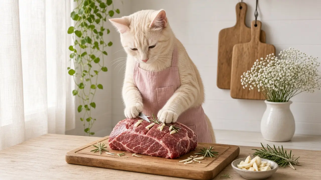 A cream-coloured cat in a pink apron, cooking this dish