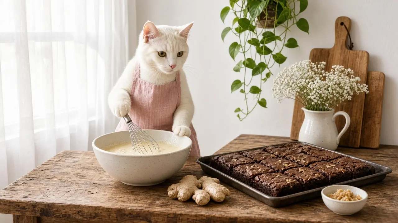 A cream-coloured cat in a pink apron, cooking this dish