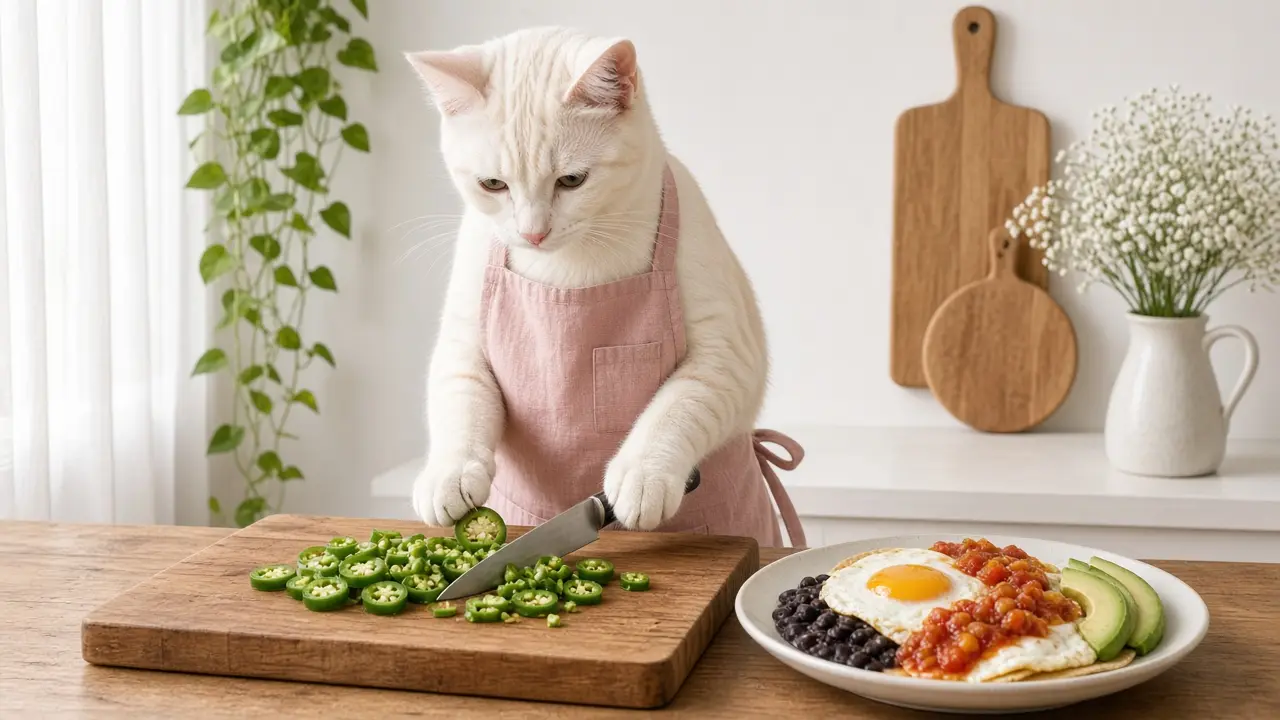 A cream-coloured cat in a pink apron, cooking this dish