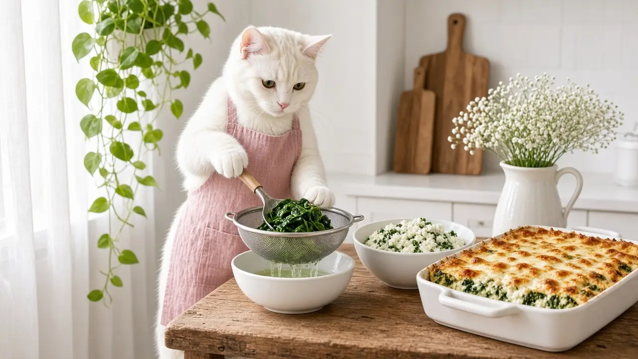 A cream-coloured cat in a pink apron, cooking this dish