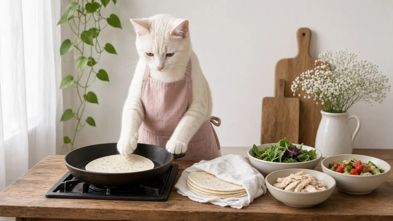 A cream-coloured cat in a pink apron, cooking this dish