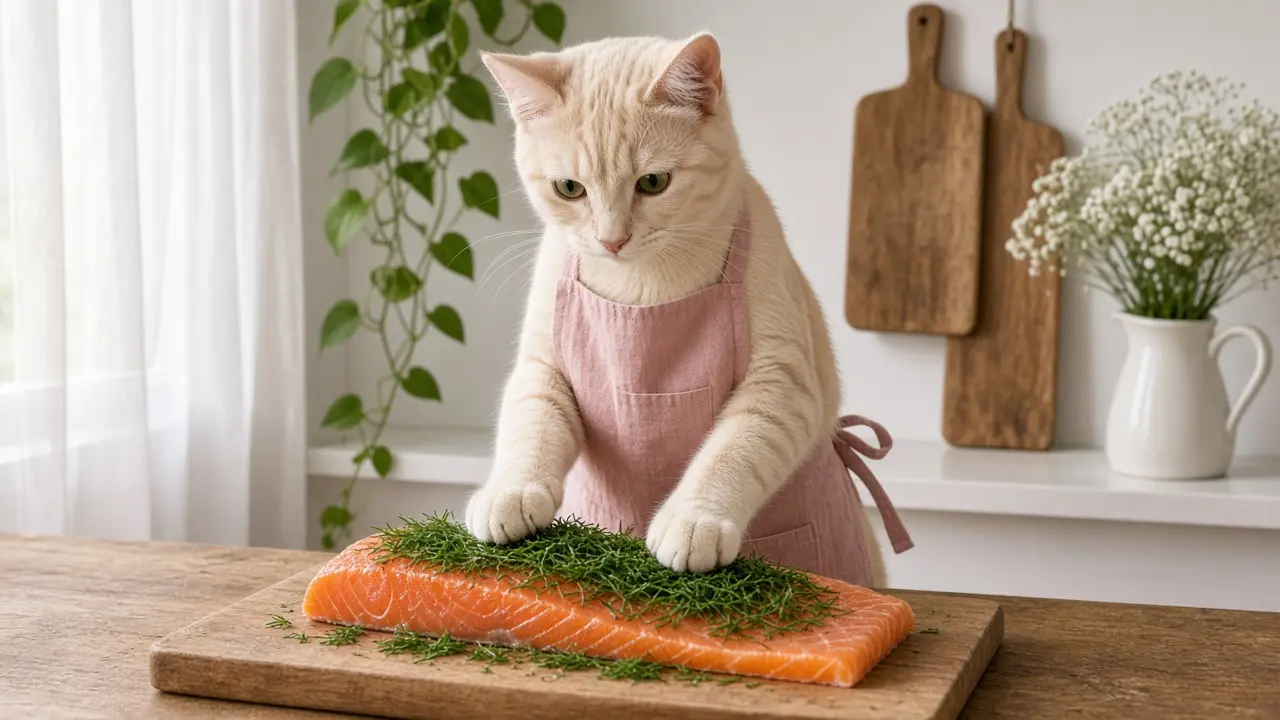 A cream-coloured cat in a pink apron, cooking this dish