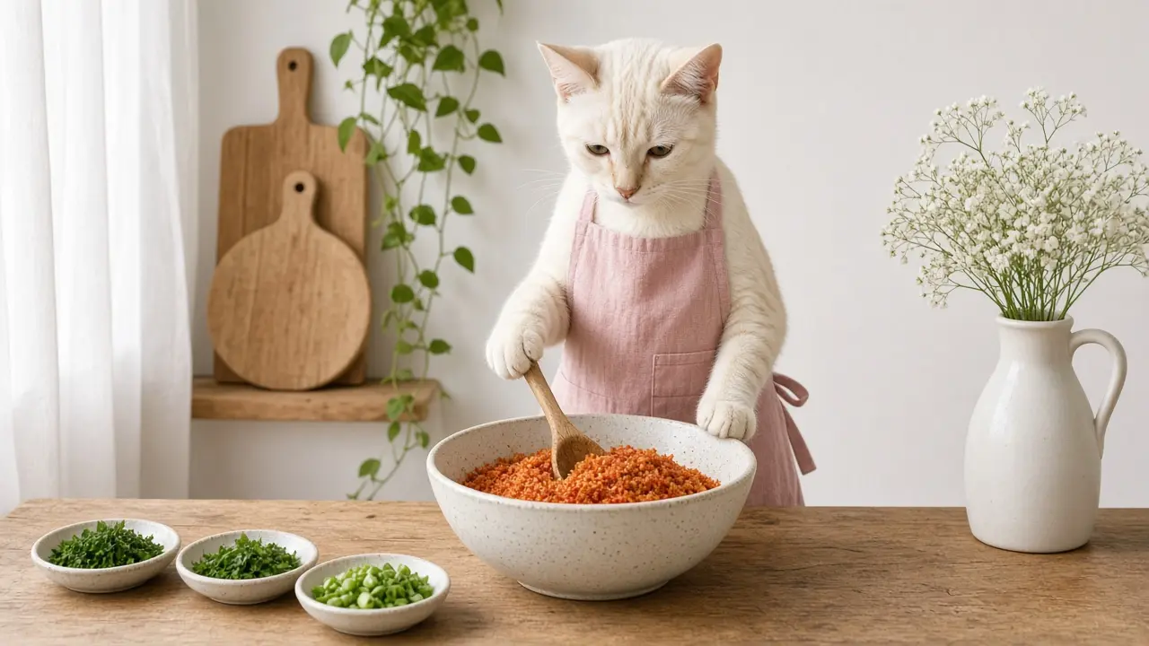 A cream-coloured cat in a pink apron, cooking this dish