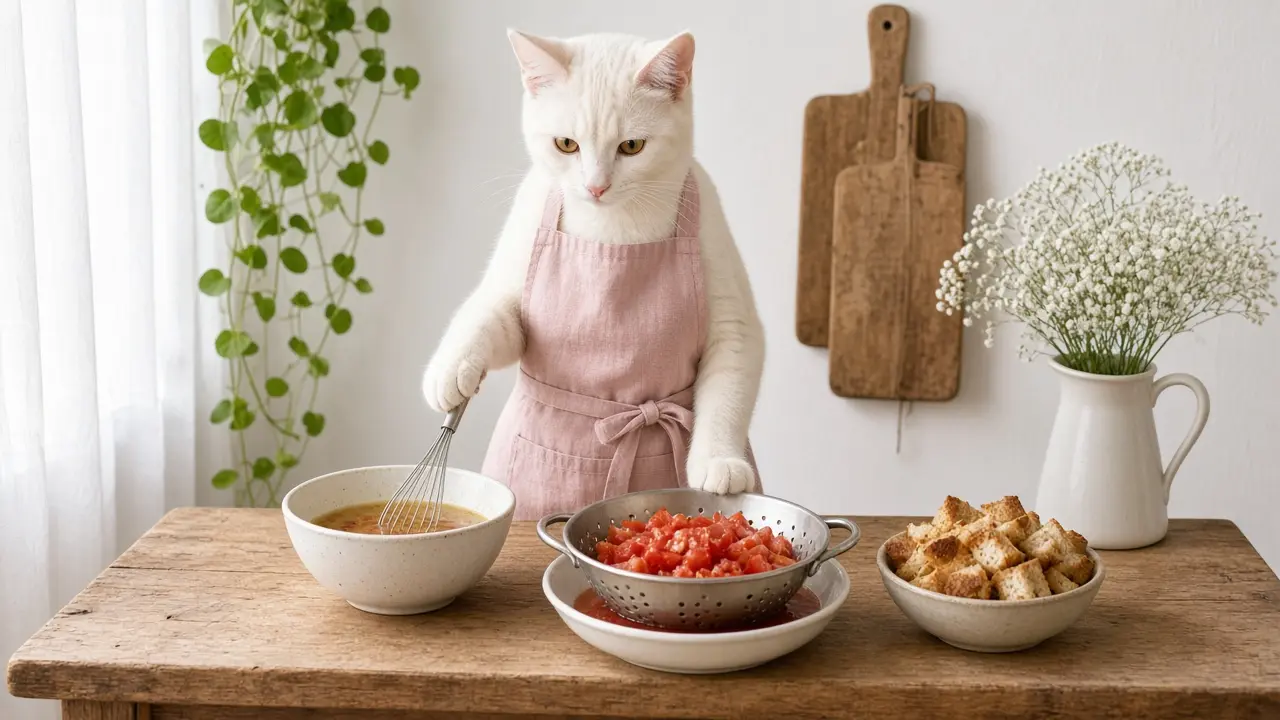A cream-coloured cat in a pink apron, cooking this dish