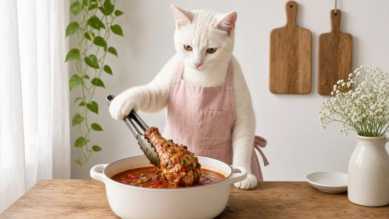 A cream-coloured cat in a pink apron, cooking this dish