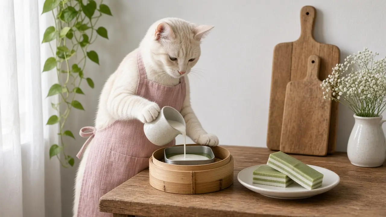 A cream-coloured cat in a pink apron, cooking this dish