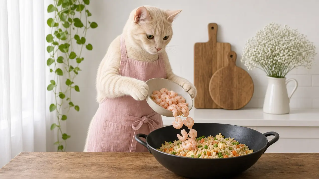 A cream-coloured cat in a pink apron, cooking this dish