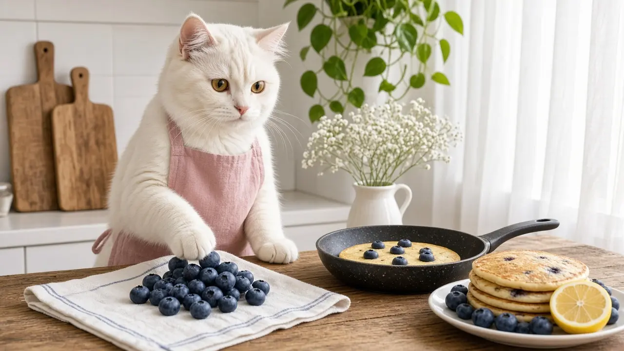 A cream-coloured cat in a pink apron, cooking this dish
