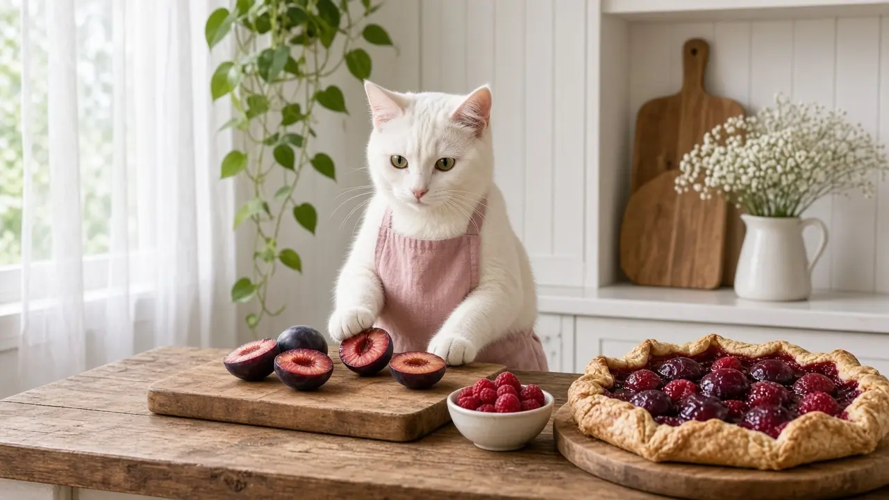 A cream-coloured cat in a pink apron, cooking this dish