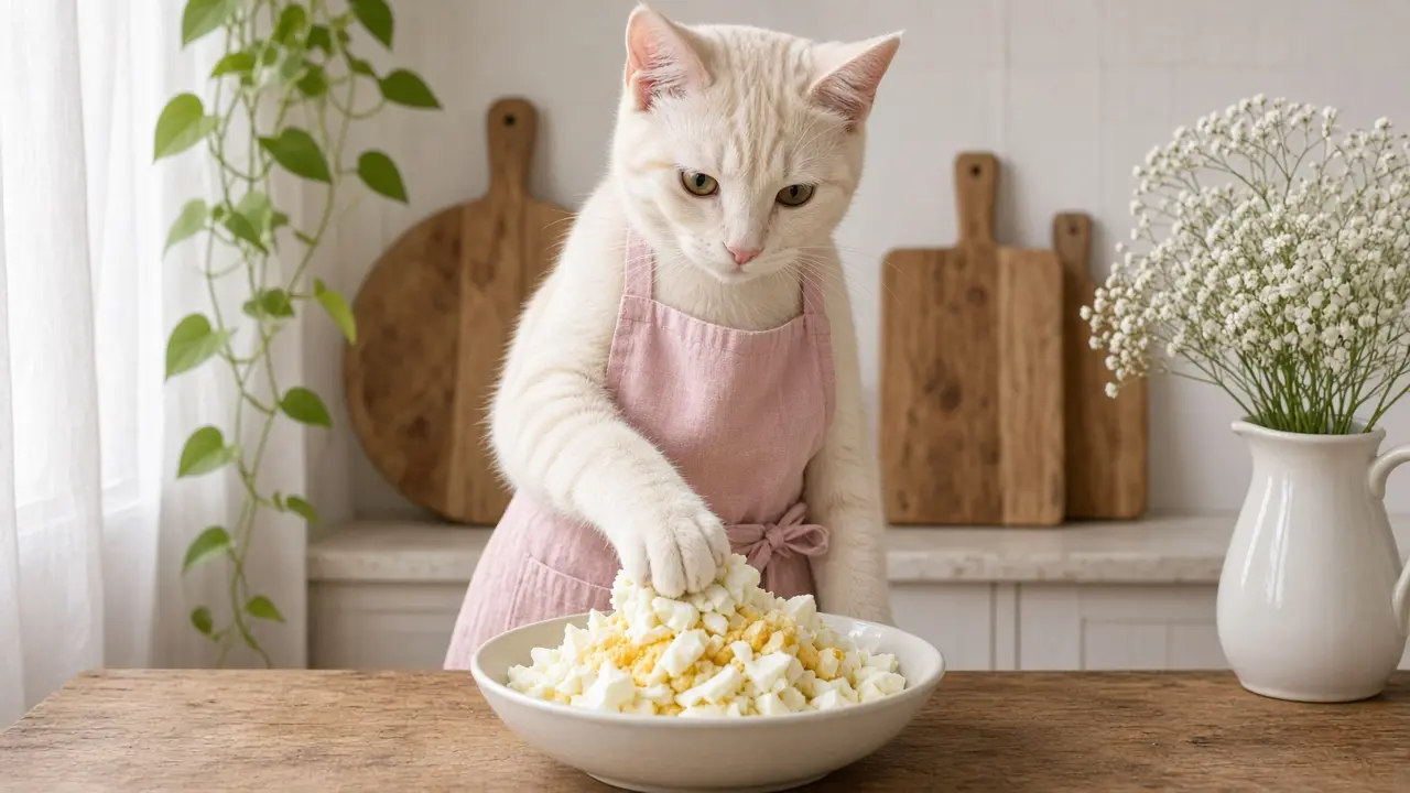 A cream-coloured cat in a pink apron, cooking this dish