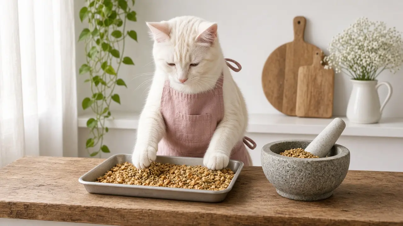 A cream-coloured cat in a pink apron, cooking this dish