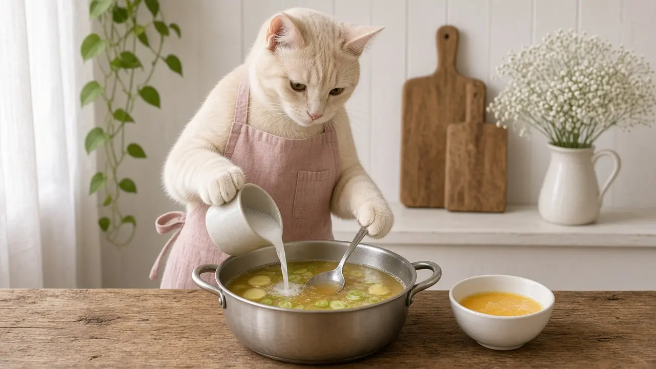 A cream-coloured cat in a pink apron, cooking this dish