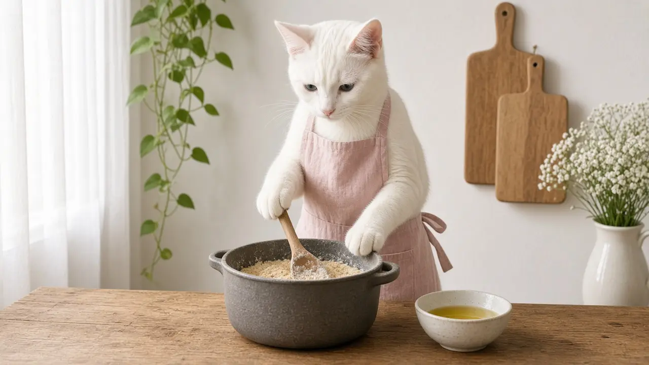 A cream-coloured cat in a pink apron, cooking this dish
