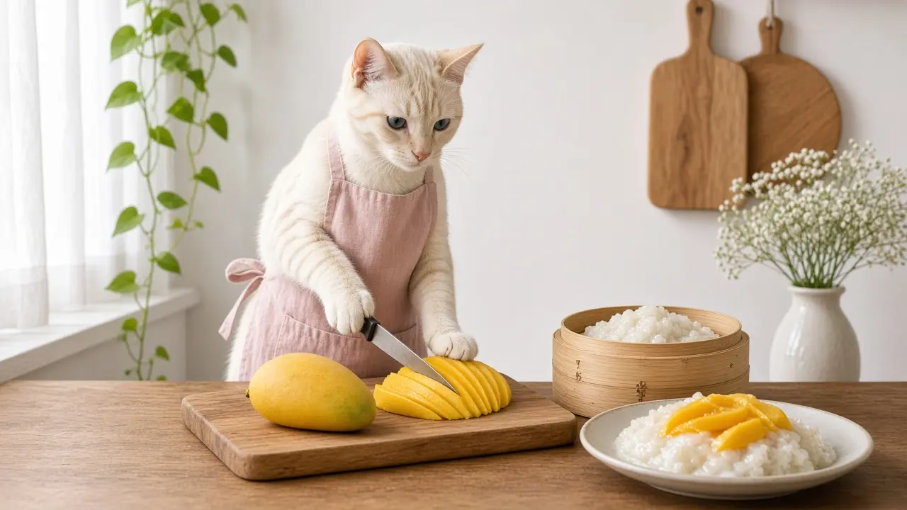 A cream-coloured cat in a pink apron, cooking this dish