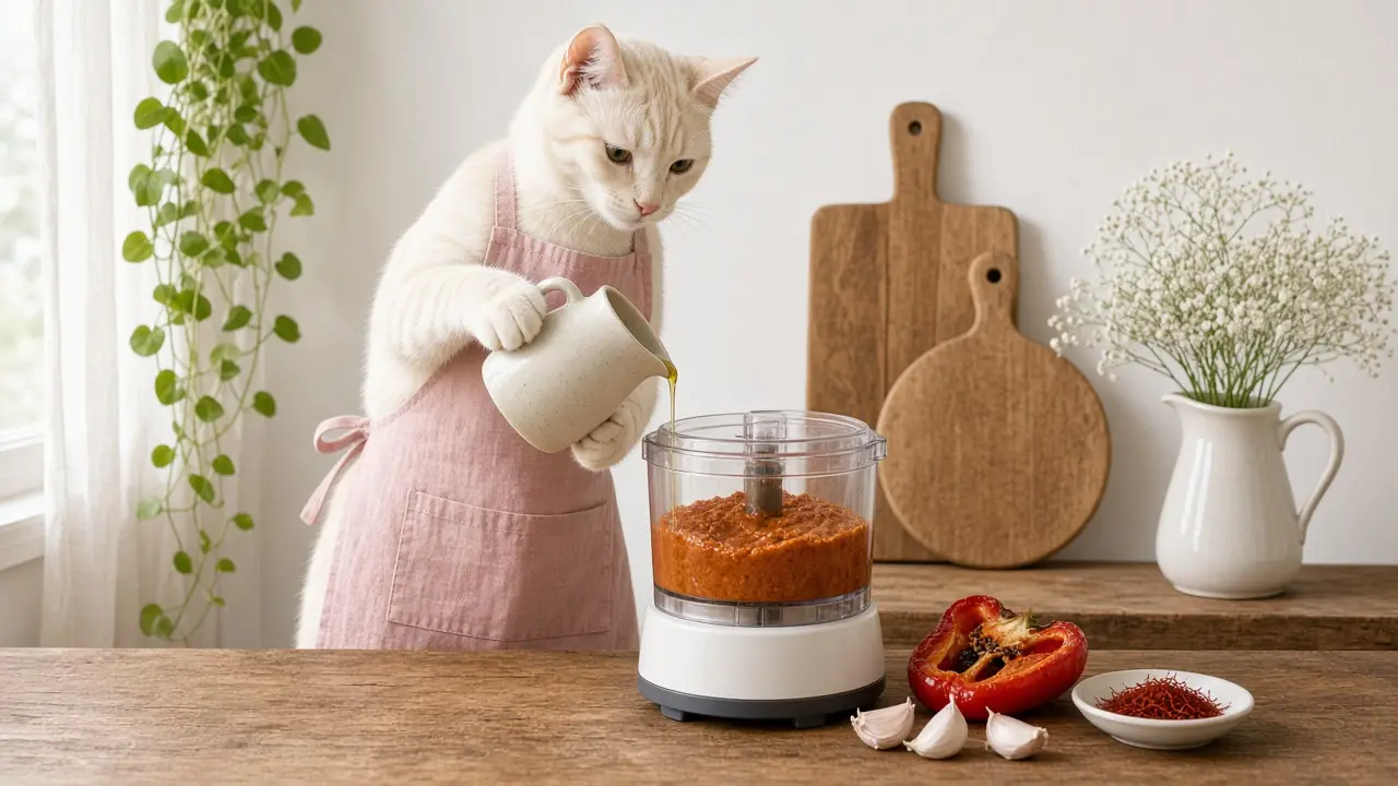 A cream-coloured cat in a pink apron, cooking this dish