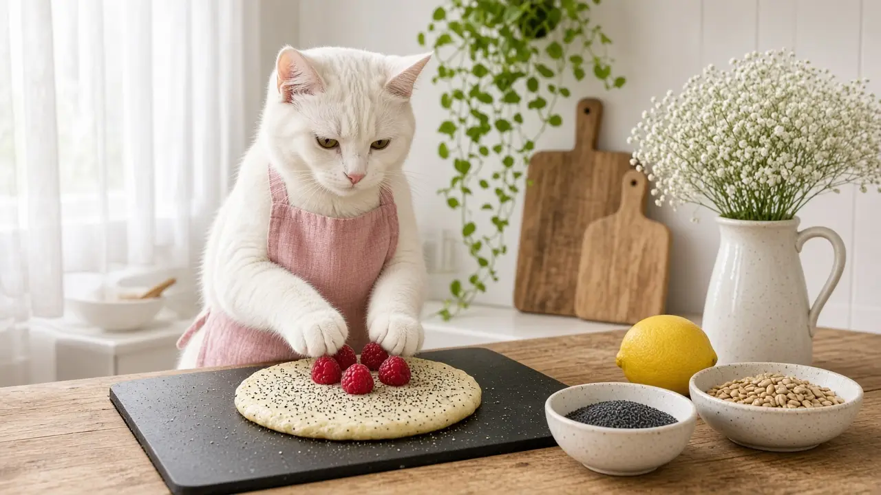 A cream-coloured cat in a pink apron, cooking this dish