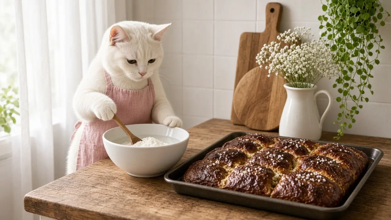 A cream-coloured cat in a pink apron, cooking this dish