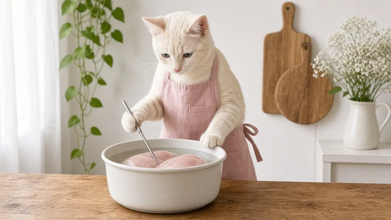 A cream-coloured cat in a pink apron, cooking this dish