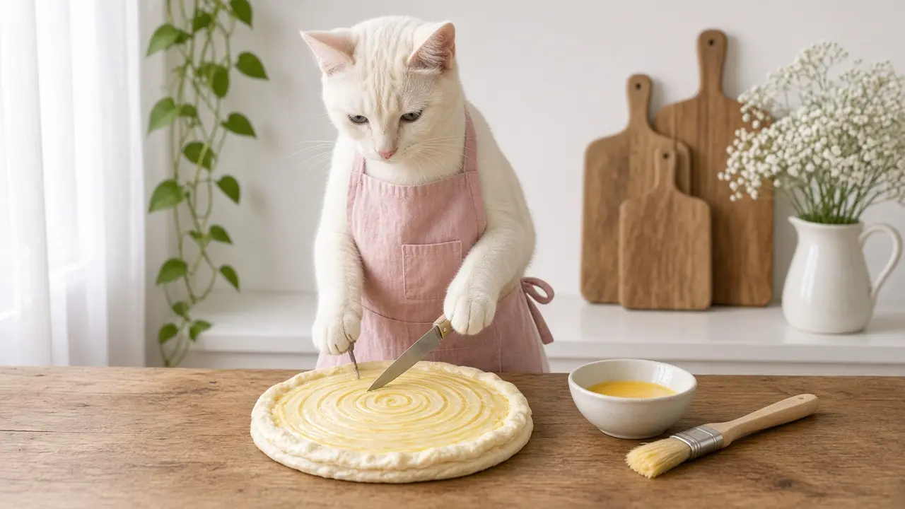A cream-coloured cat in a pink apron, cooking this dish